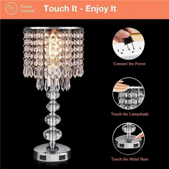 Crystal Table Bedside Lamp Touch Control, 3-Way Dimmable and Bulb Included - Picture 5 of 6